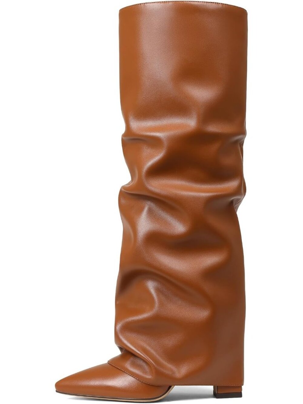 Women's Brown Pu Knee High Boots Wide Calf Chunky High Heel Boots Pointed Toe